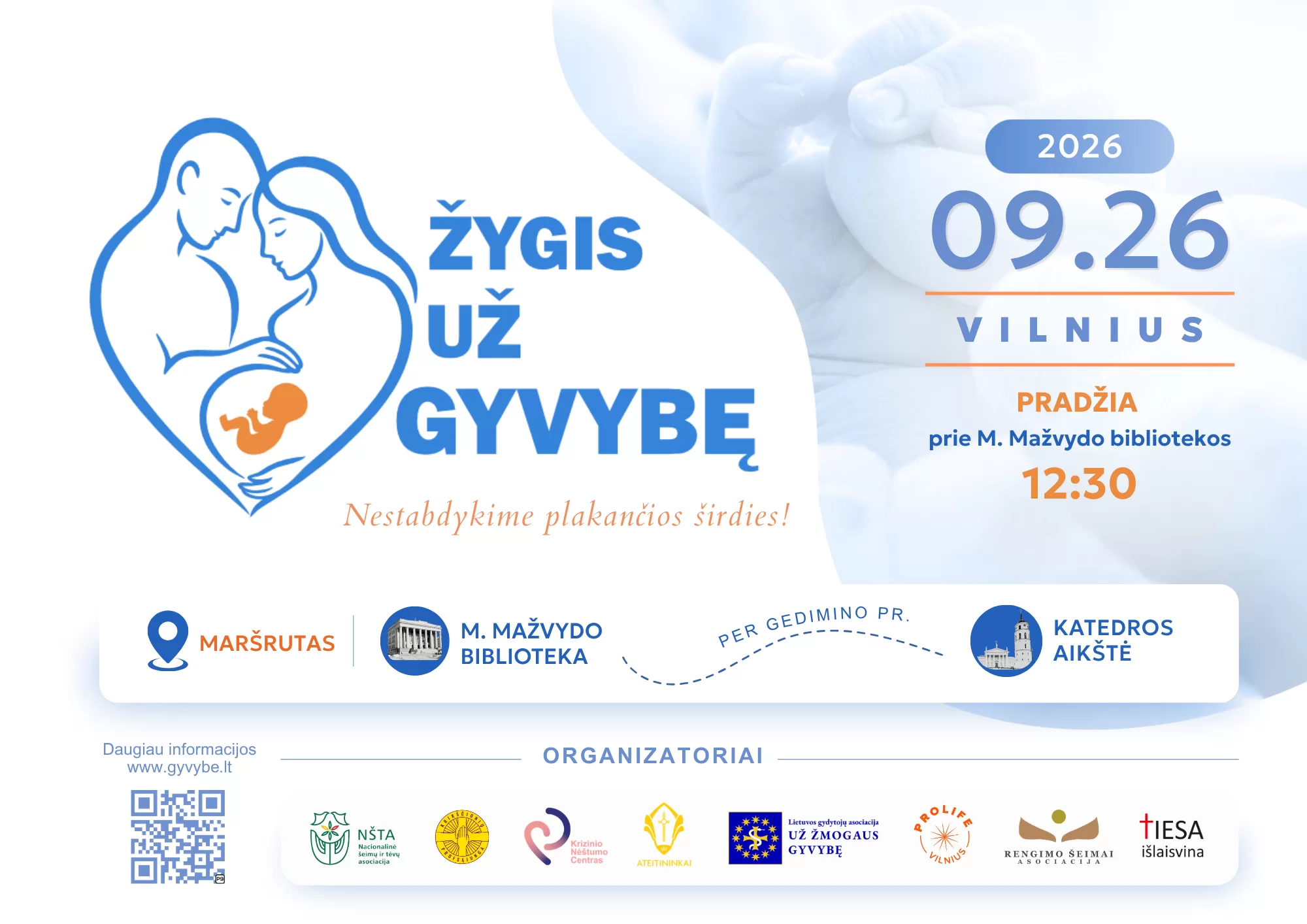 „Žygis už gyvybę 2026“ plakatas su šeimos ir kūdikio simboliu bei maršruto informacija Vilniuje.